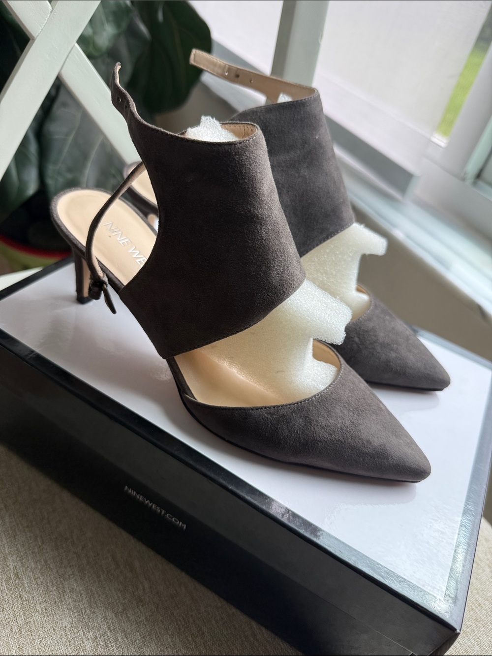 Nine West Charcoal Gray Suede Pointed Toe Slingback Heels